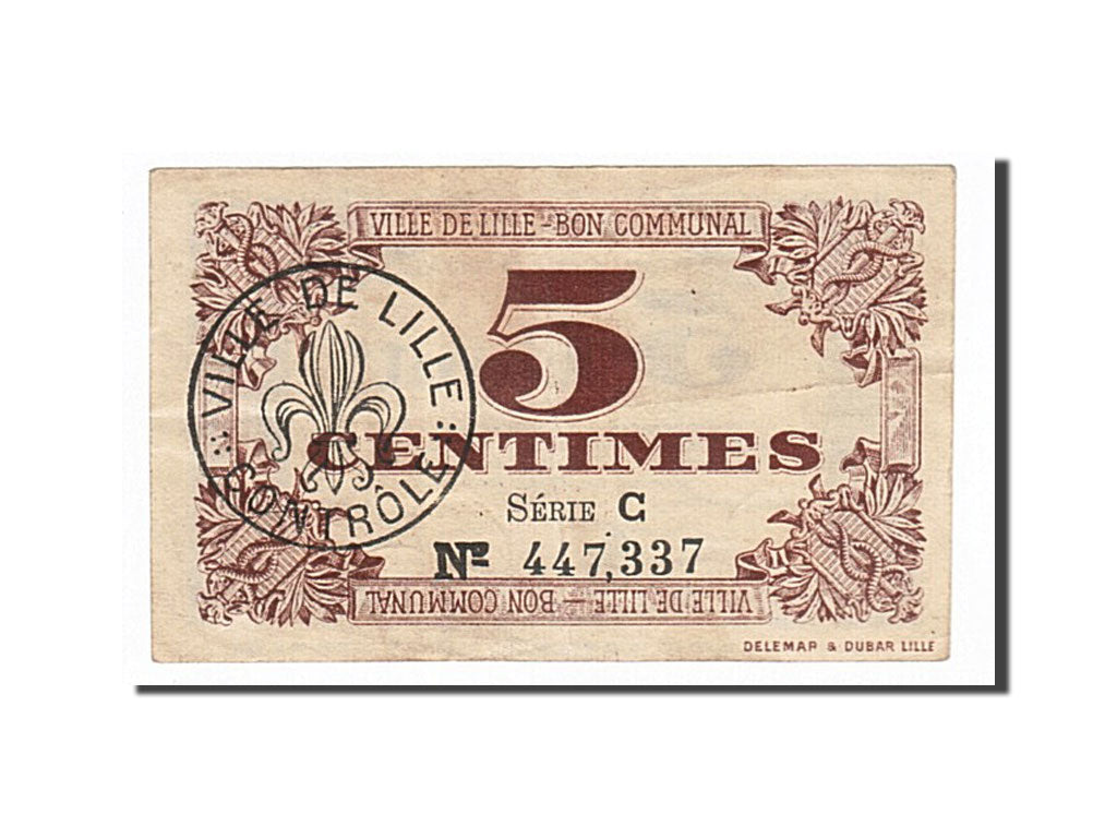 Billete, 5 Centimes, Pirot:59-1630, 1917, Francia, MBC+, Lille