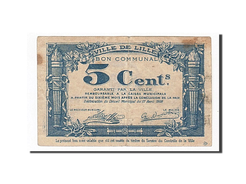 Billete, 5 Centimes, Pirot:59-1656, 1918, Francia, MBC, Lille