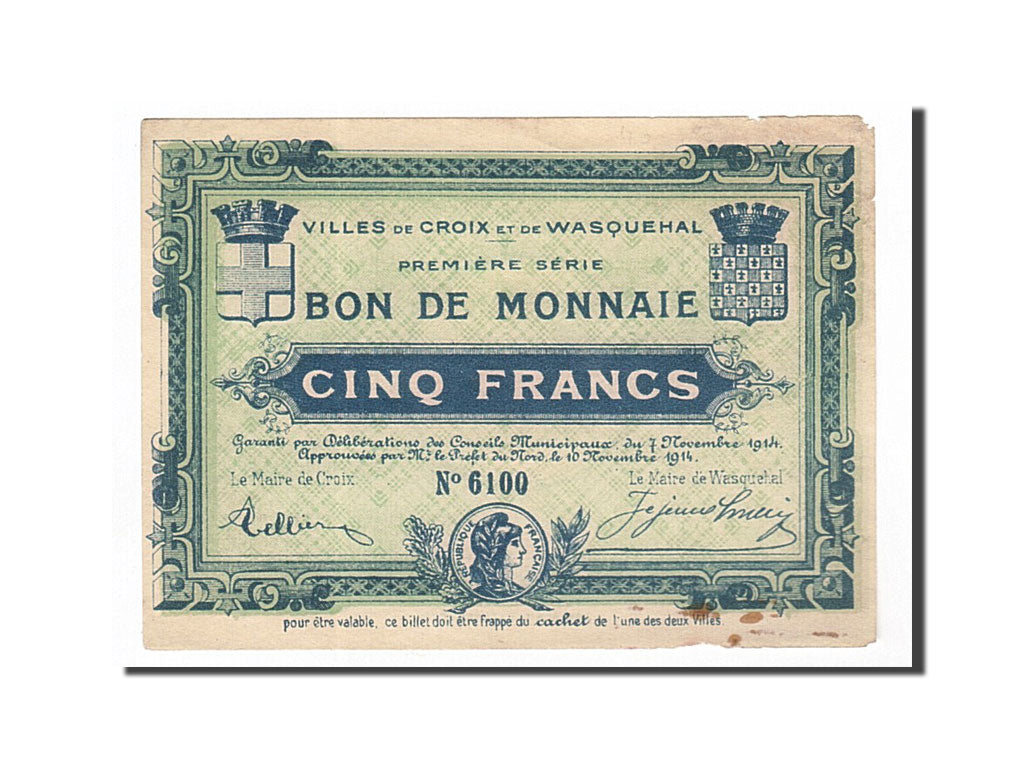 Billete, 5 Francs, Pirot:59-611, 1914, Francia, MBC, Croix et Wasquehal
