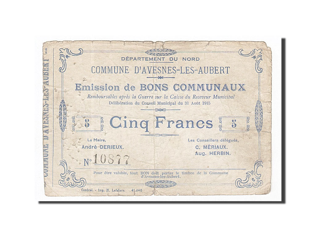 Billete, 5 Francs, Pirot:59-178, 1915, Francia, BC+, Avesnes-les-Aubert