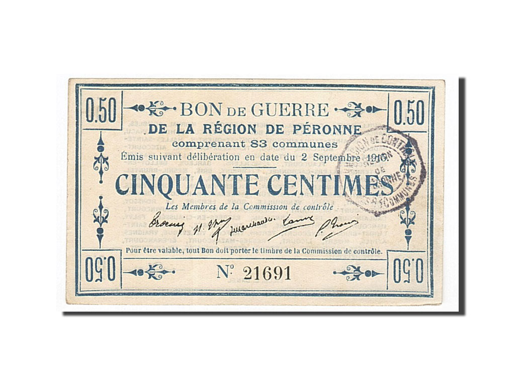 Billete, 50 Centimes, Pirot:80-413, 1915, Francia, EBC+, Peronne