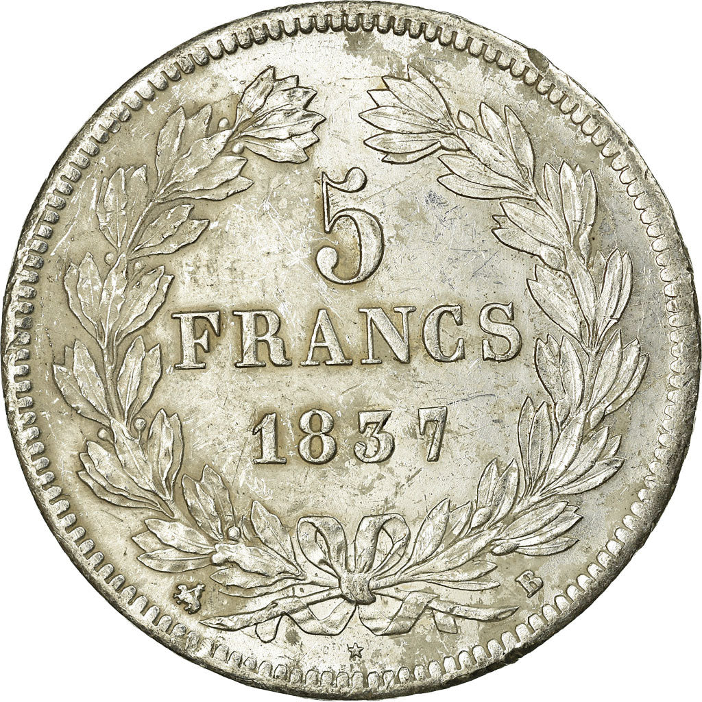 Coin, France, Louis-Philippe, 5 Francs, 1837, Rouen, AU(55-58), Silver