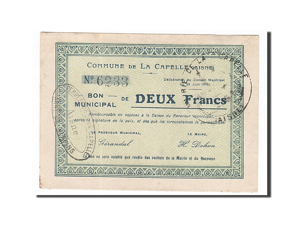 Banknote, Pirot:02-399, 2 Francs, 1915, France, AU(55-58), La Capelle