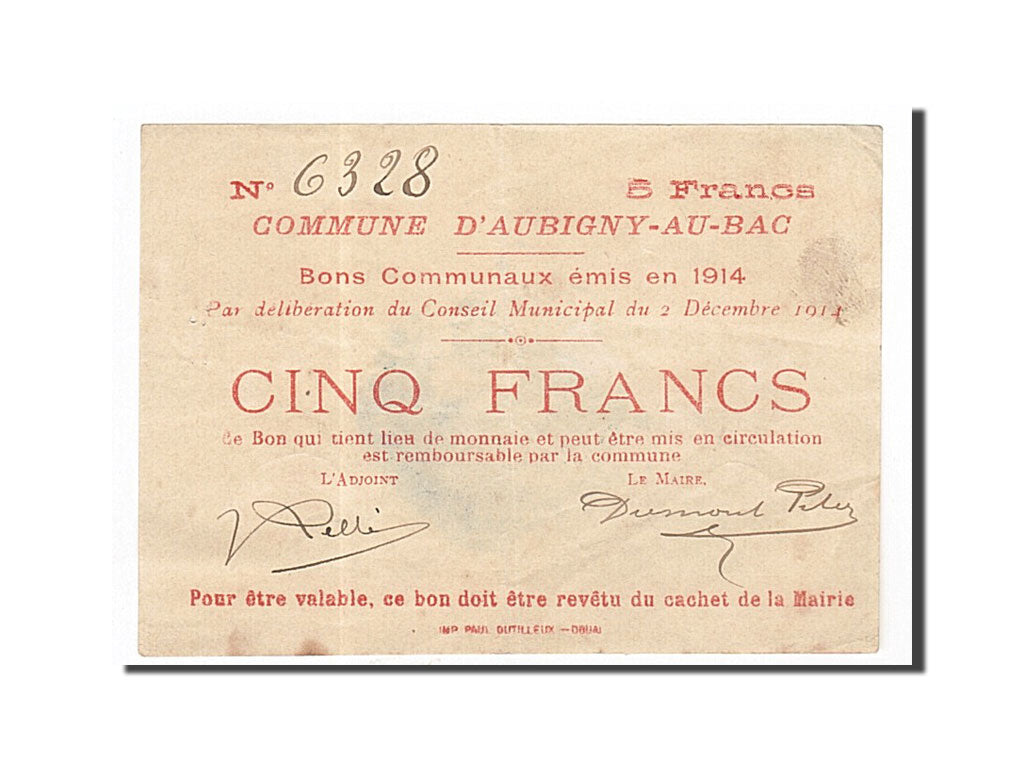 Banconote, Pirot:59-147, BB+, Aubigny-au-Bac, 5 Francs, 1914, Francia