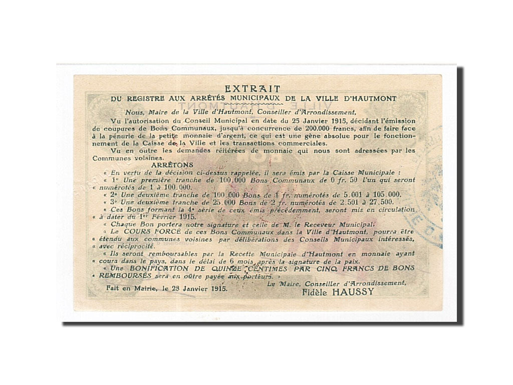 Biljet, Pirot:59-1296, 50 Centimes, 1915, Frankrijk, SUP+, Hautmont