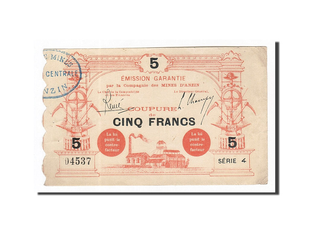Geldschein, Frankreich, Anzin, 5 Francs, 1915, VZ, Pirot:59-95