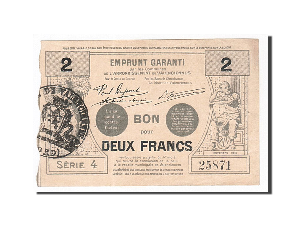 Billete, 2 Francs, Pirot:59-2560, 1915, Francia, EBC, Valenciennes