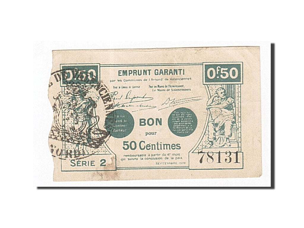 Biljet, Pirot:59-2539, 50 Centimes, 1914, Frankrijk, TTB+, Valenciennes