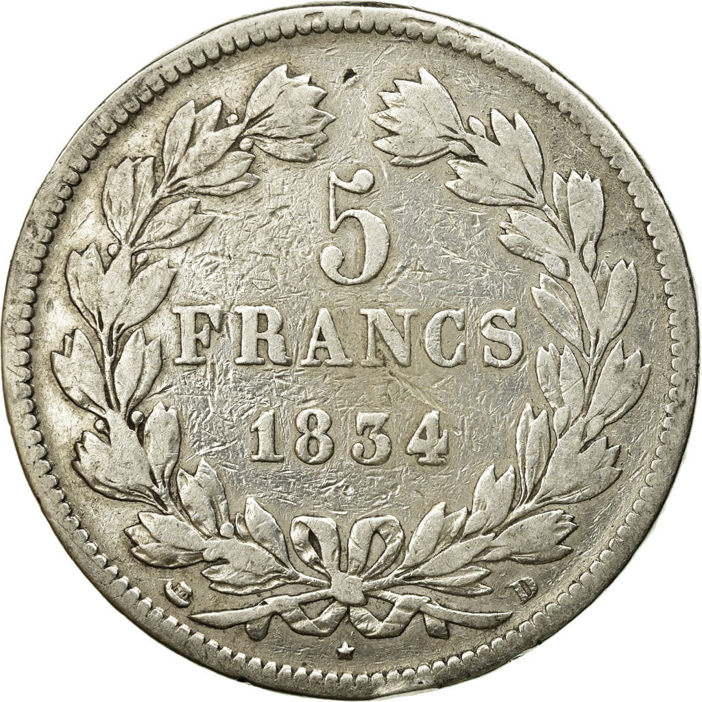 Coin, France, Louis-Philippe, 5 Francs, 1834, Lyon, VF(20-25), Silver, KM:749.4