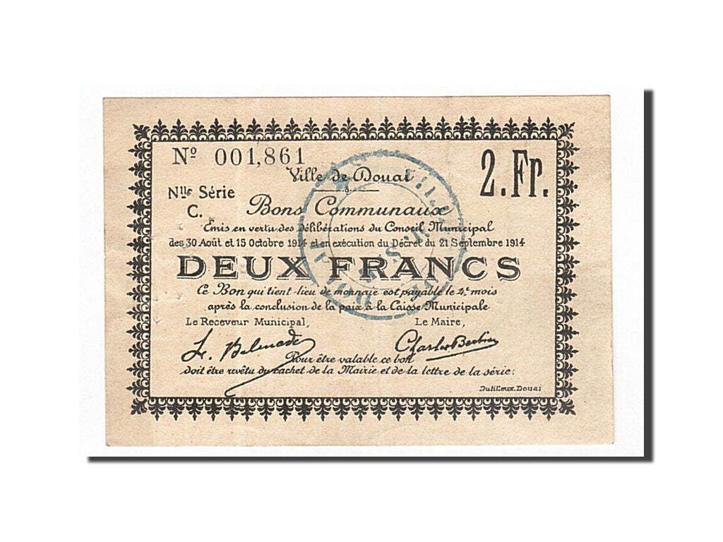 Banknote, Pirot:59-731, 2 Francs, 1914, France, AU(50-53), Douai