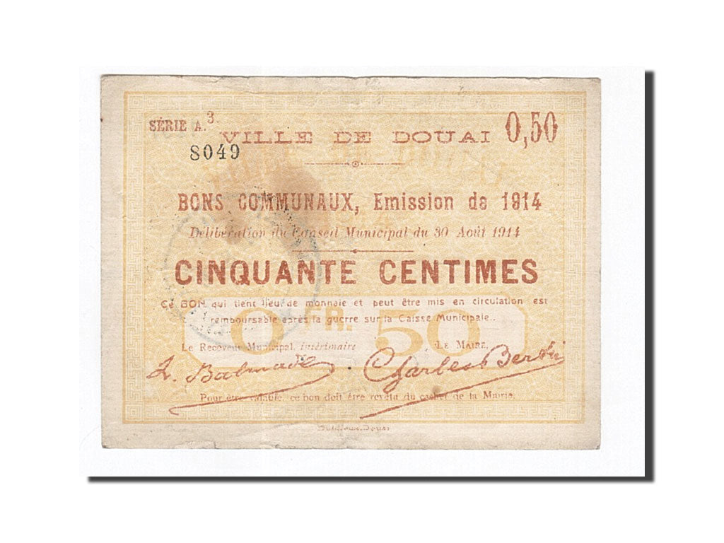 Banknote, Pirot:59-722, 50 Centimes, 1914, France, EF(40-45), Douai