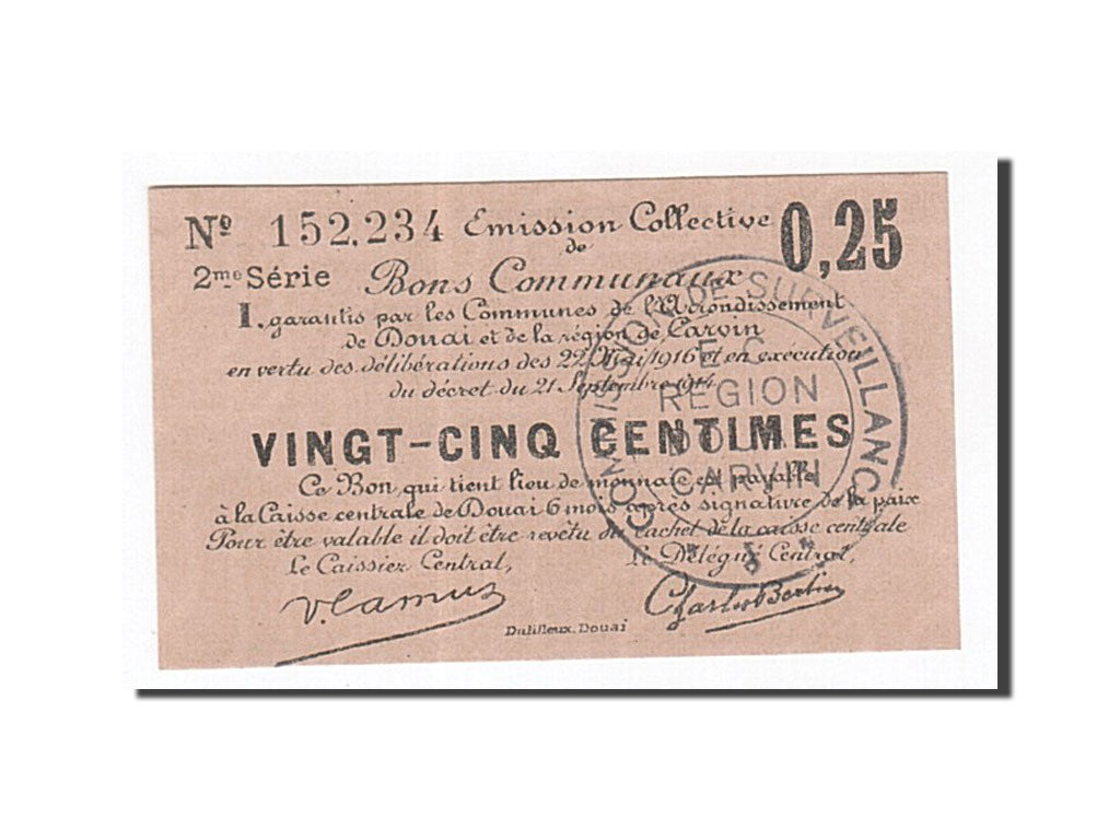 Banconote, Pirot:59-754, SPL, Douai, 25 Centimes, 1916, Francia