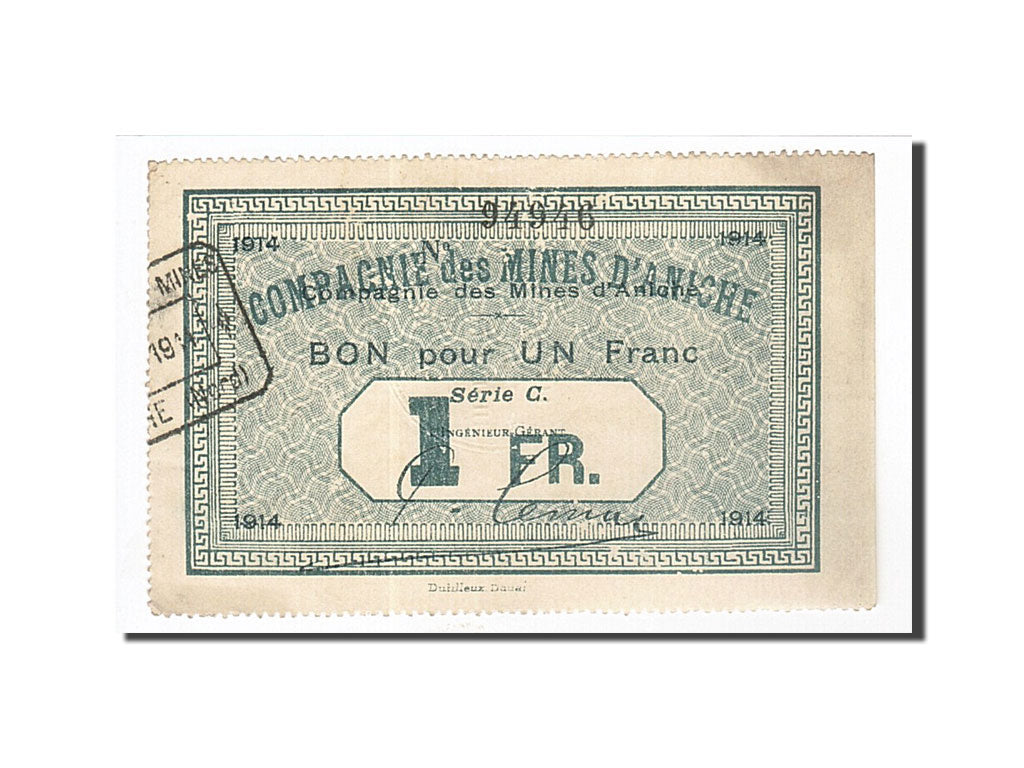 Banconote, Pirot:59-66, BB+, Aniche, 1 Franc, 1914, Francia