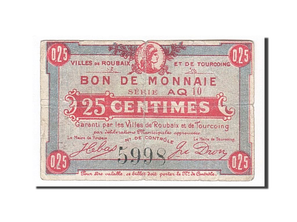 Banconote, Pirot:59-2049, MB+, Roubaix et Tourcoing, 25 Centimes, Francia