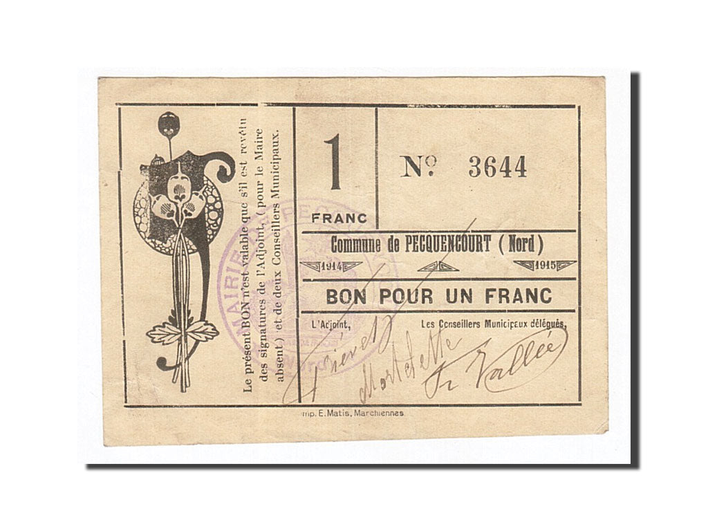 Banknote, Pirot:59-1939, 1 Franc, 1914-1915, France, AU(55-58), Pecquencourt
