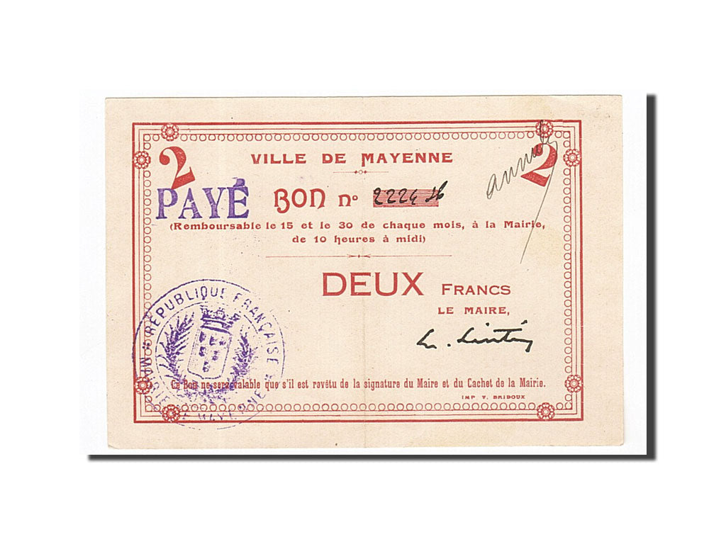 Geldschein, Frankreich, Mayenne, 2 Francs, VZ+, Pirot:53-09