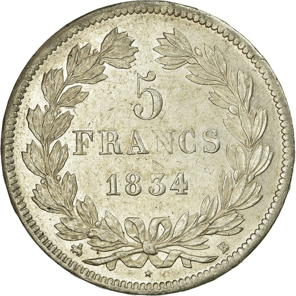 Coin, France, Louis-Philippe, 5 Francs, 1834, Rouen, AU(55-58), Silver
