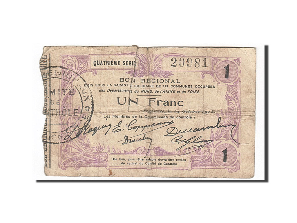 Banknote, Pirot:59-1111, 1 Franc, 1915, France, VF(20-25), Fourmies