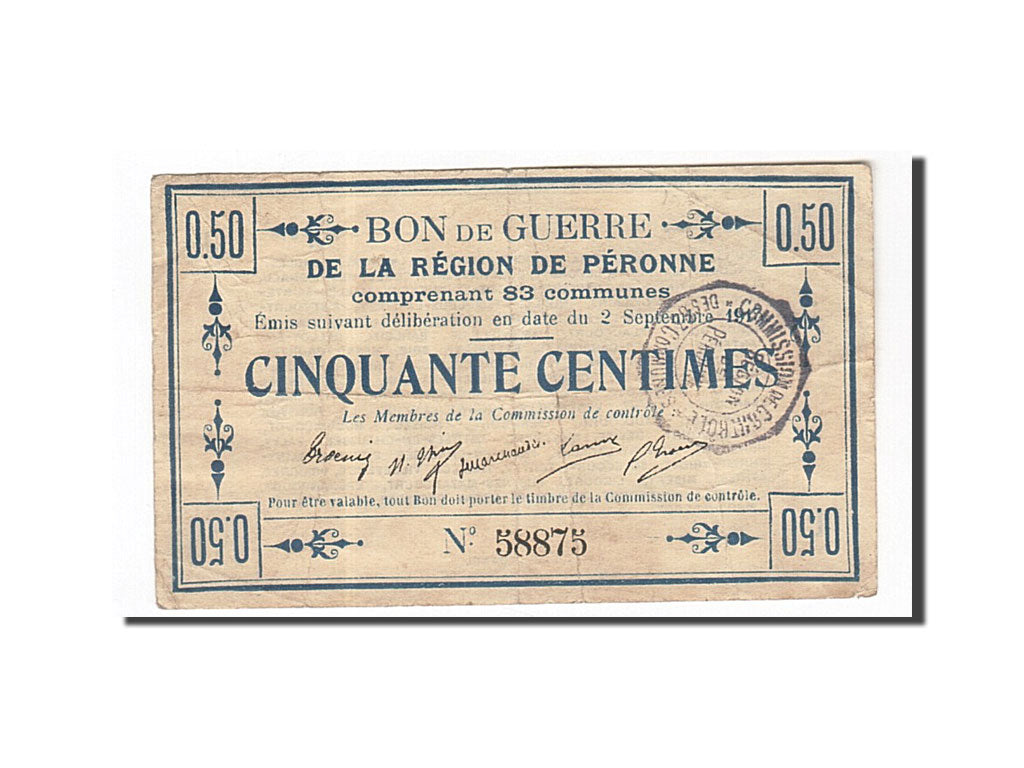 Banknote, Pirot:80-413, 50 Centimes, 1915, France, EF(40-45), Peronne