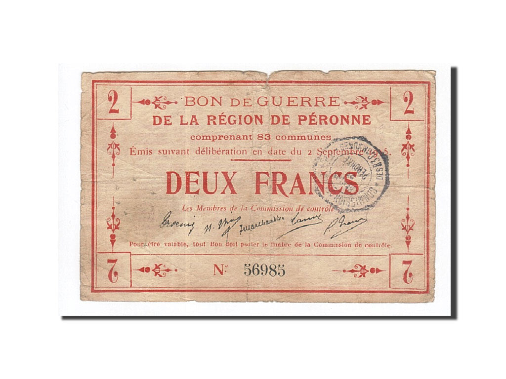 Banconote, Pirot:80-415, MB+, Peronne, 2 Francs, 1915, Francia