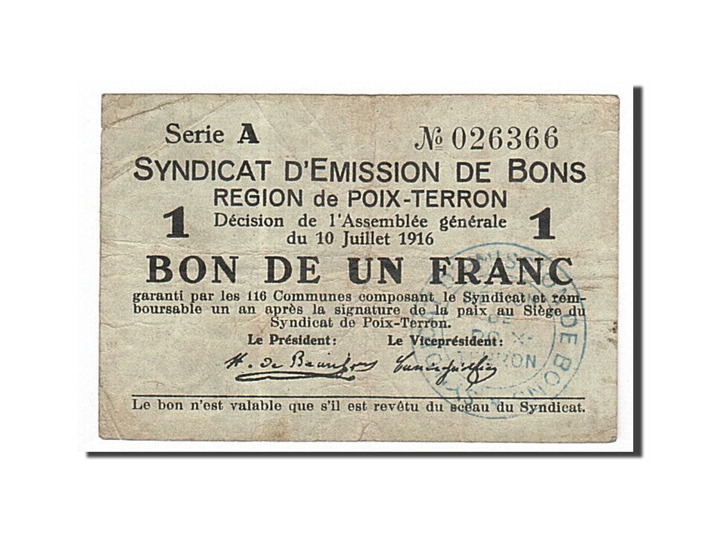Geldschein, Frankreich, Poix-Terron, 1 Franc, 1916, SS, Pirot:08-139