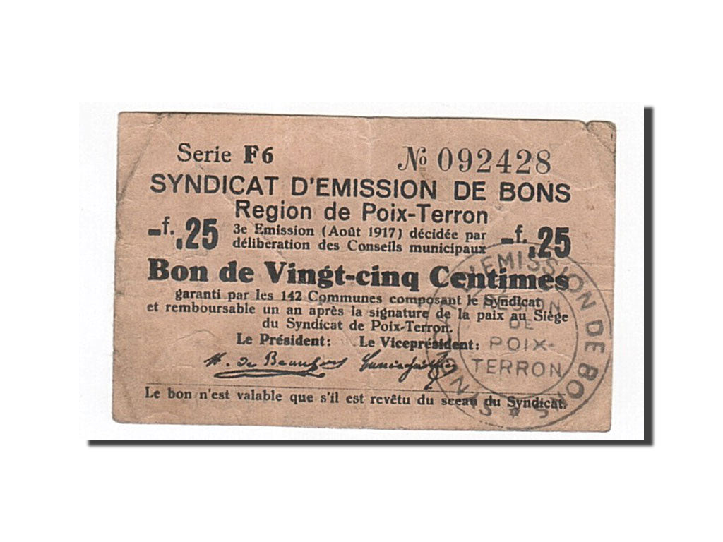 Geldschein, Frankreich, Poix-Terron, 25 Centimes, 1917, S+, Pirot:08-150