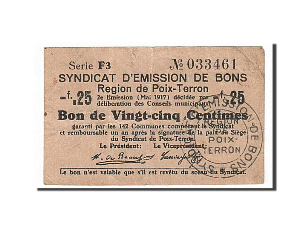 Banconote, Pirot:08-144, BB, Poix-Terron, 25 Centimes, 1917, Francia