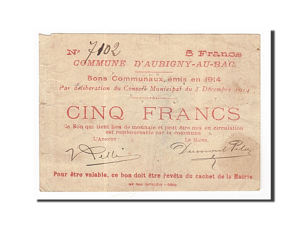 Banknot, Francja, Aubigny-au-Bac, 5 Francs, 1914, VF(30-35), Pirot:59-147