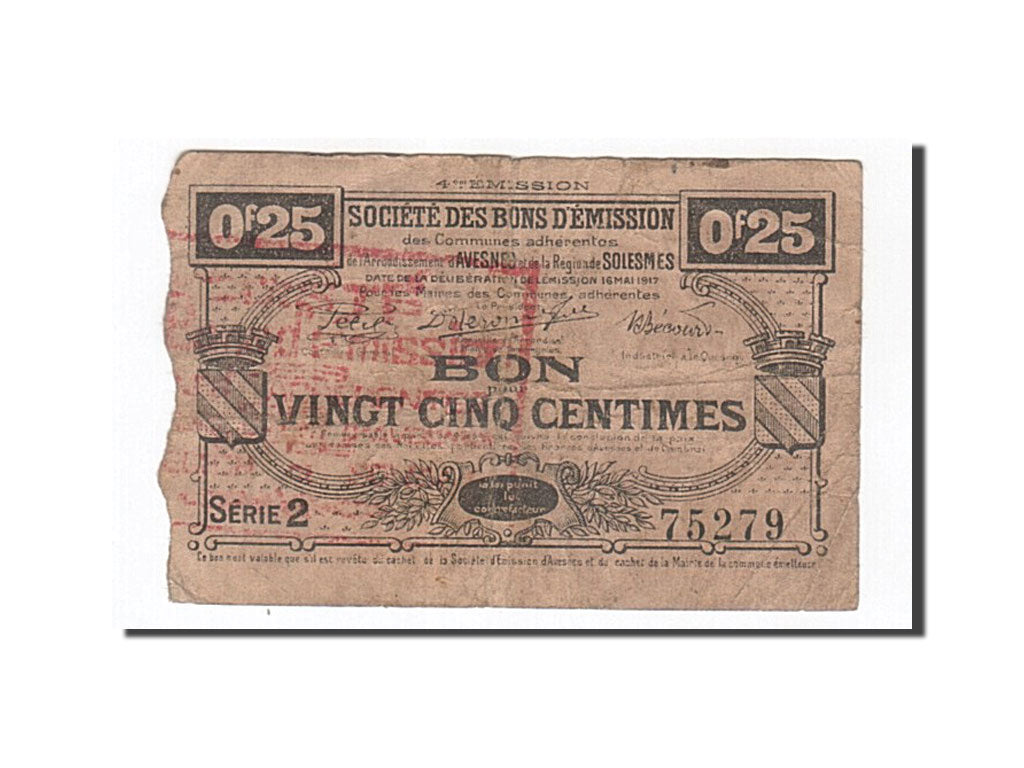 Banknot, Francja, Avesnes, 25 Centimes, 1917, VF(20-25), Pirot:59-213