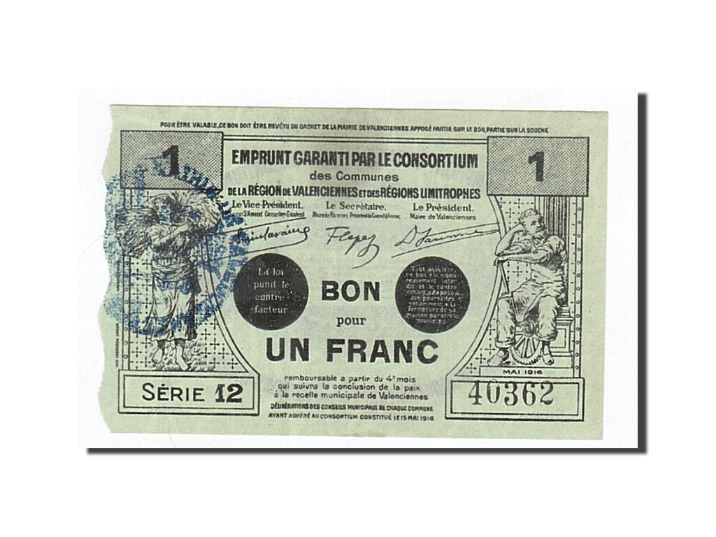 Banknote, Pirot:59-2566, 1 Franc, 1916, France, UNC(60-62), Valenciennes
