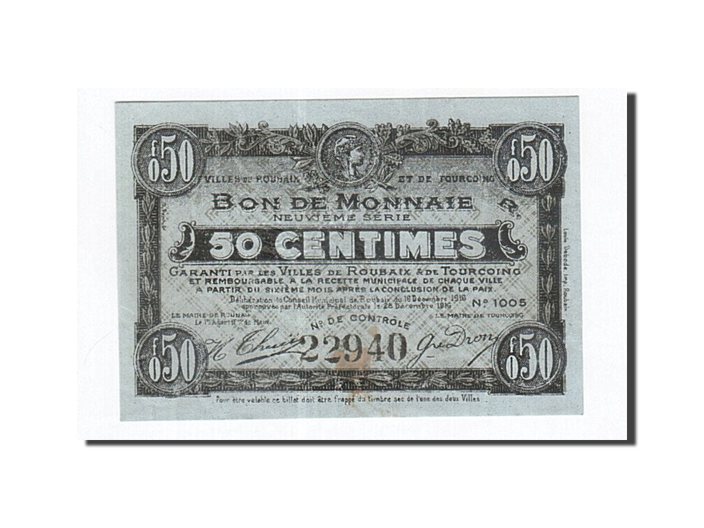 Banknot, Francja, Roubaix et Tourcoing, 50 Centimes, 1916, AU(55-58)