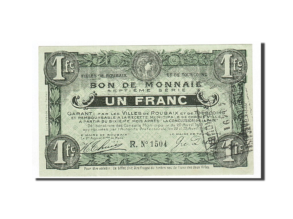 Billet, France, Roubaix et Tourcoing, 1 Franc, 1916, NEUF, Pirot:59-2085