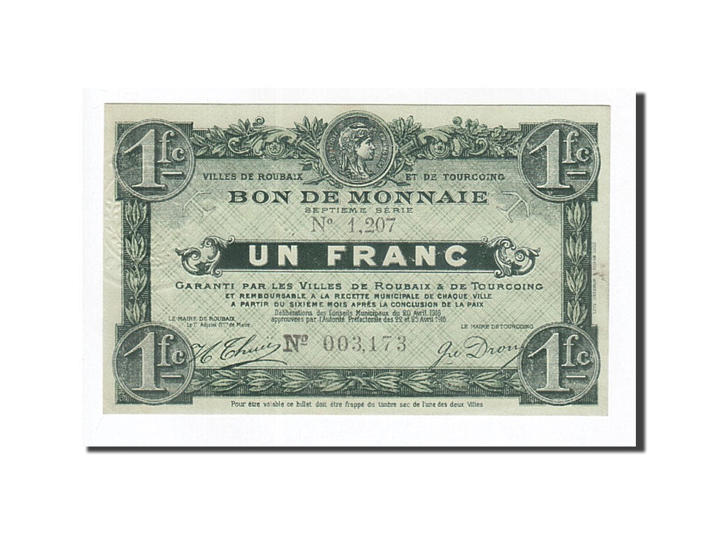 Banknote, Pirot:59-2098, 1 Franc, 1916, France, UNC(63), Roubaix et Tourcoing