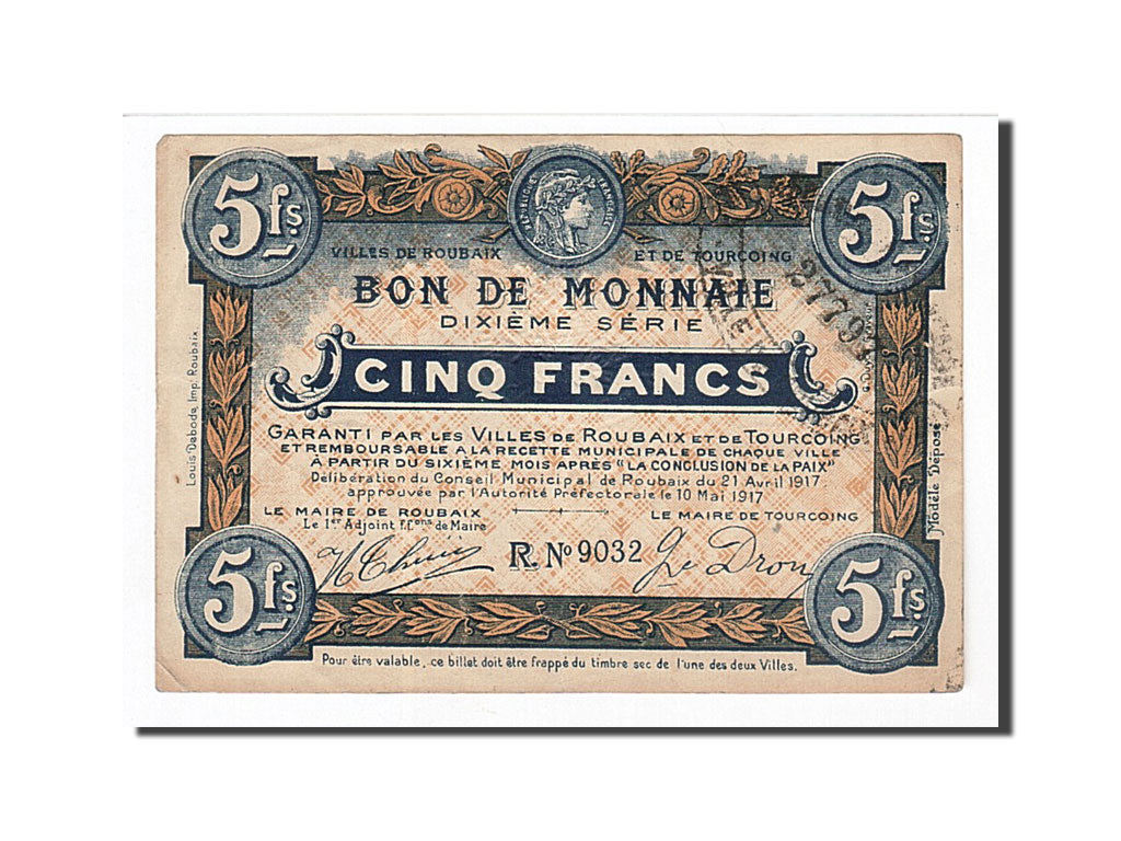 Banknote, Pirot:59-2152, 5 Francs, 1917, France, AU(50-53), Roubaix et Tourcoing