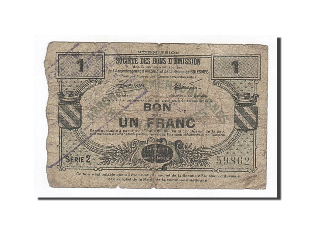 Geldschein, Frankreich, Avesnes, 1 Franc, 1916, SGE+, Pirot:59-207