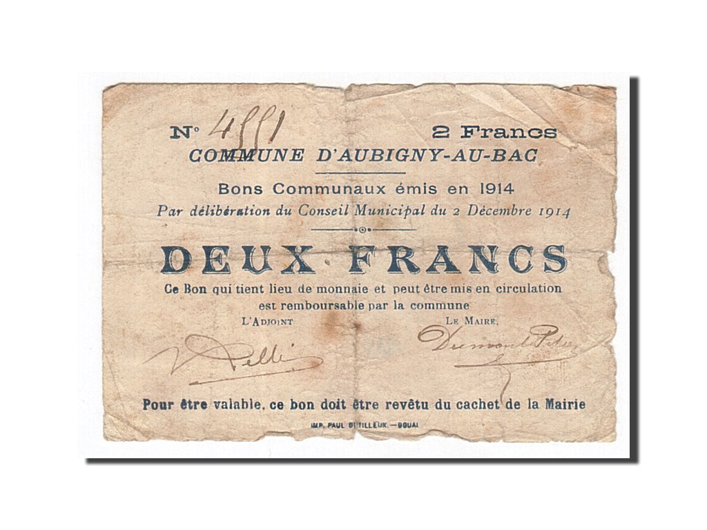 Billet, France, Aubigny-au-Bac, 2 Francs, 1914, TB, Pirot:59-144