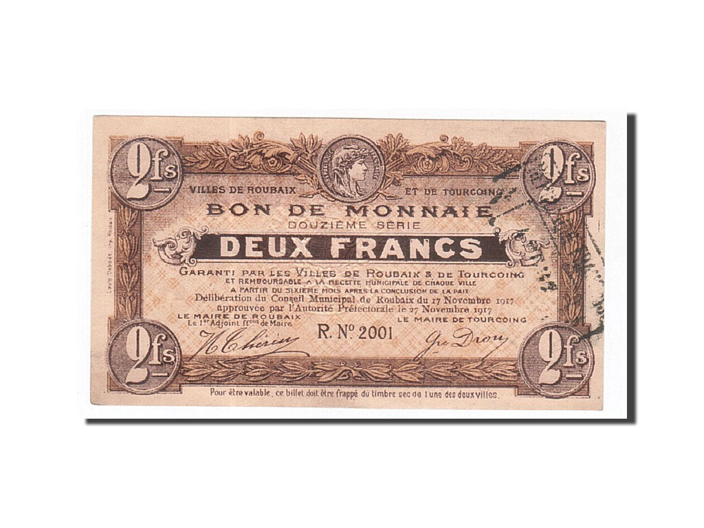 Banknote, Pirot:59-2202, 2 Francs, 1917, France, UNC(63), Roubaix et Tourcoing