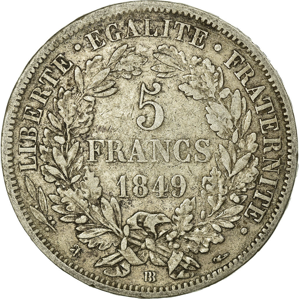 Moneta, Francia, Cérès, 5 Francs, 1849, Strasbourg, MB+, Argento, KM:761.2