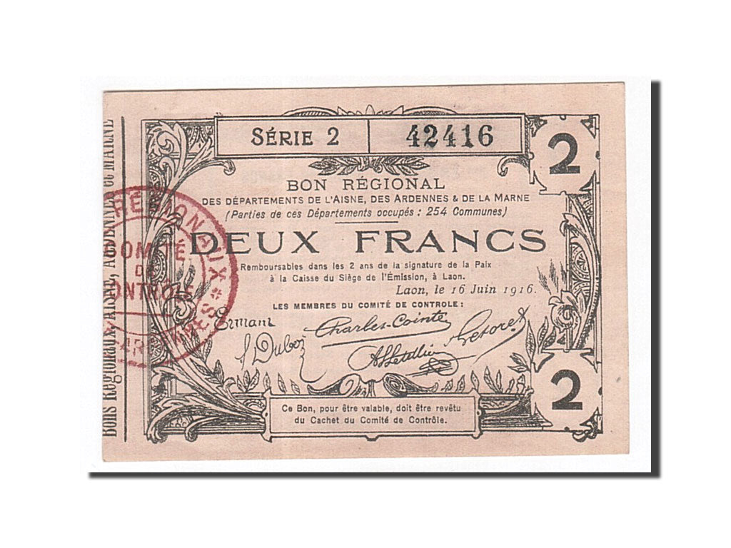 Billete, 2 Francs, Pirot:02-1310, 1916, Francia, EBC+, Laon
