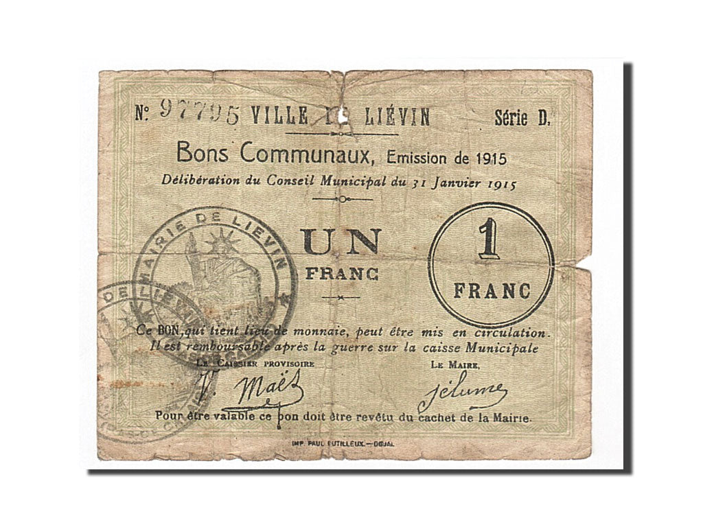 Billet, France, Liévin, 1 Franc, 1915, B+, Pirot:62-812