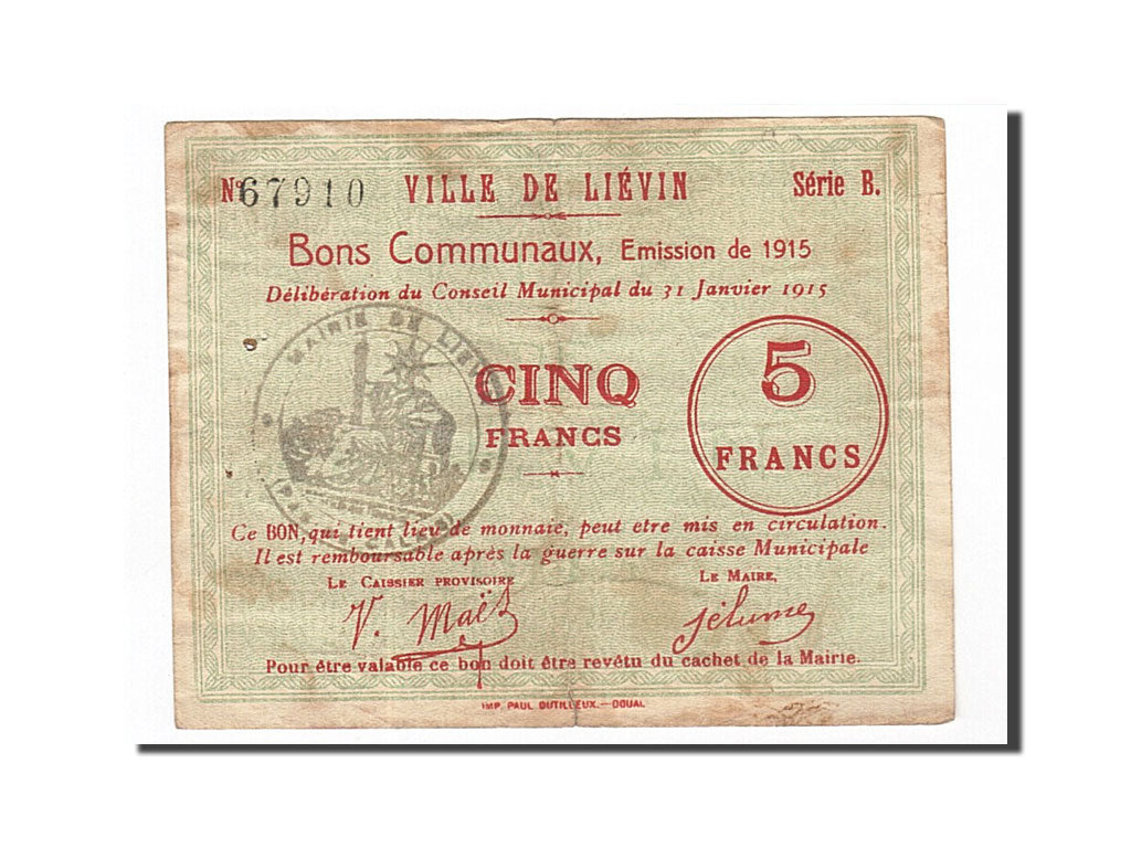 Banknote, Pirot:62-815, 5 Francs, 1915, France, VF(30-35), Liévin