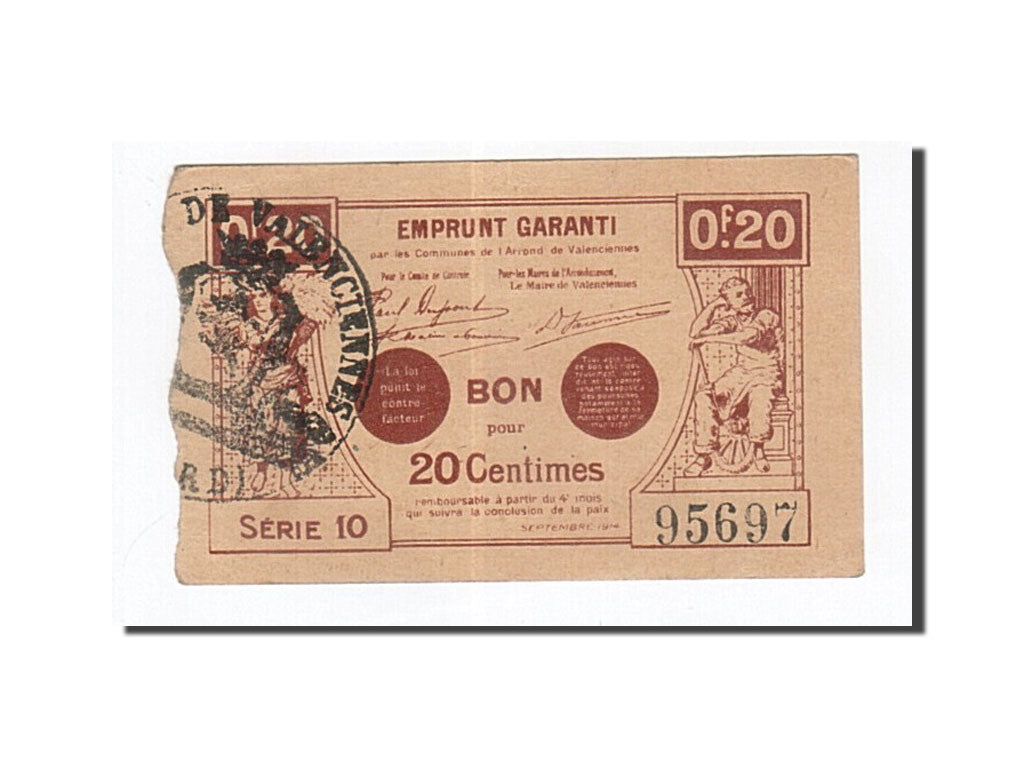 Banknote, Pirot:59-2538, 20 Centimes, 1914, France, UNC(60-62), Valenciennes