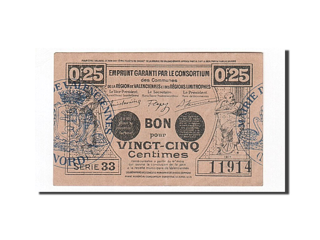 Banknote, Pirot:59-2580, 25 Centimes, 1917, France, AU(55-58), Valenciennes