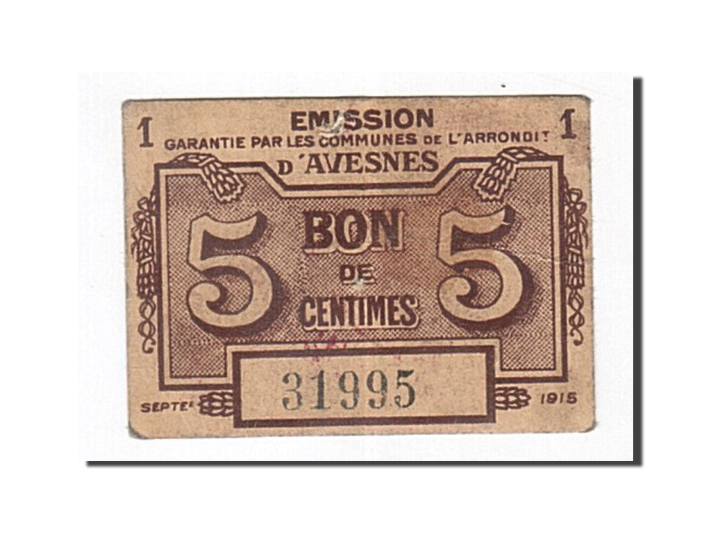 Biljet, Pirot:59-2836, 5 Centimes, 1915, Frankrijk, TTB, Avesnes