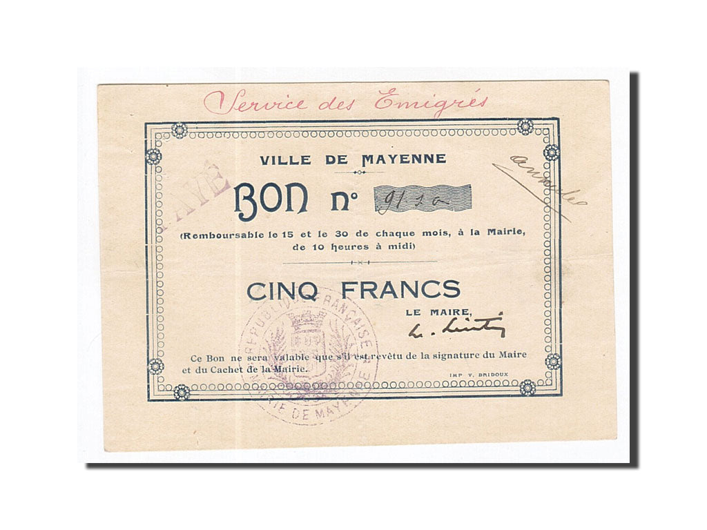 Banconote, Pirot:53-07, BB, Mayenne, 5 Francs, Francia