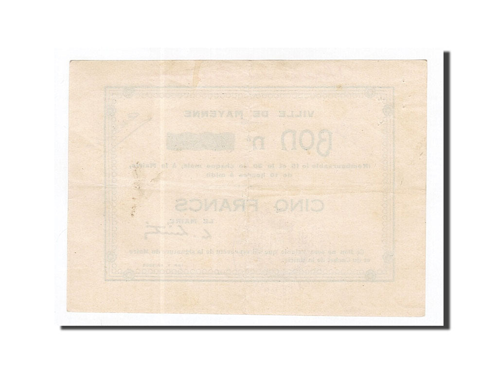 Banconote, Pirot:53-07, BB, Mayenne, 5 Francs, Francia