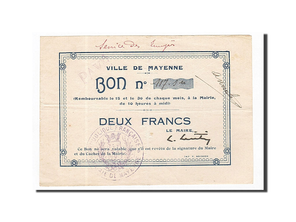 Banknote, Pirot:53-04, 2 Francs, France, EF(40-45), Mayenne