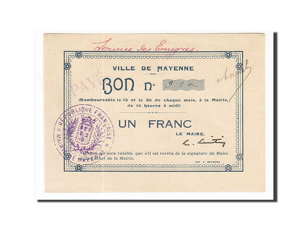 Banknote, Pirot:53-03, 1 Franc, France, UNC(60-62), Mayenne