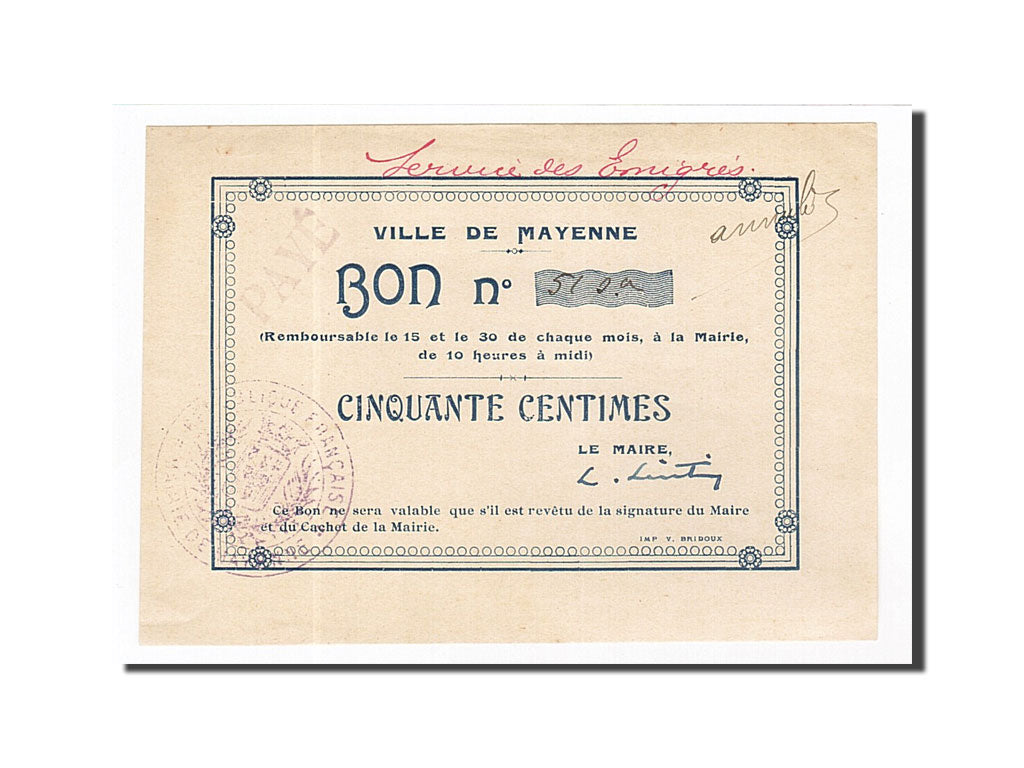 Banknote, Pirot:53-02, 50 Centimes, France, AU(55-58), Mayenne