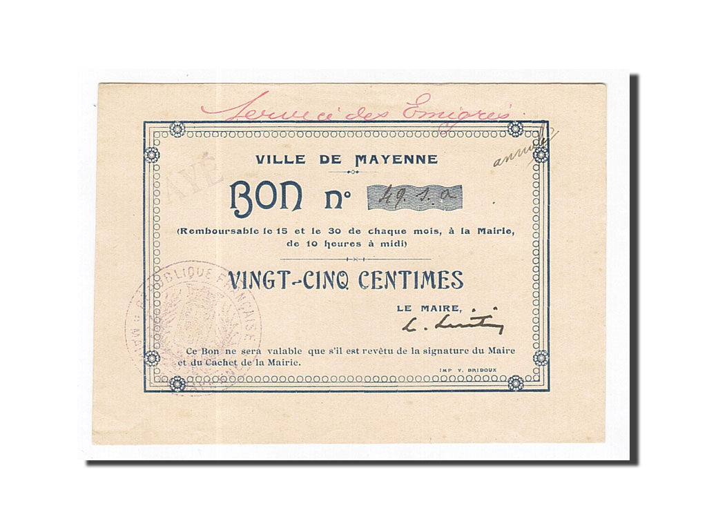 Banknote, Pirot:53-01, 25 Centimes, France, UNC(60-62), Mayenne